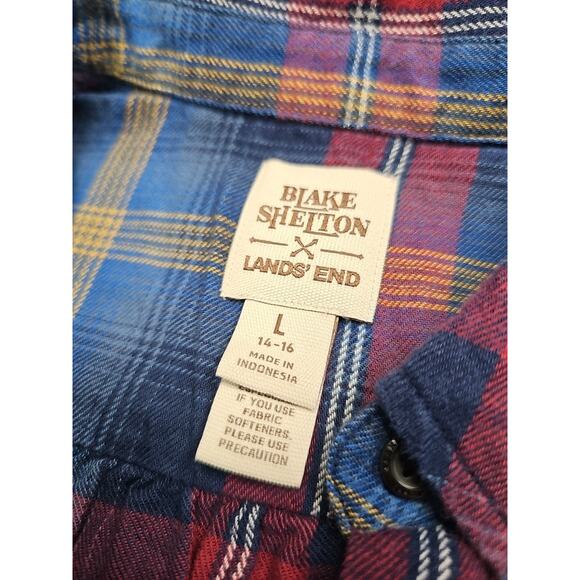 Lands End X Blake Shelton Shirt Womens Large Flannel Button Up Blue Plaid - Picture 4 of 7